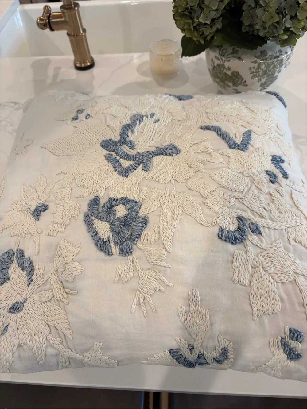 Pottery Barn 22” Embroidered Floral Decorative Throw Pillow - Cream & Blue